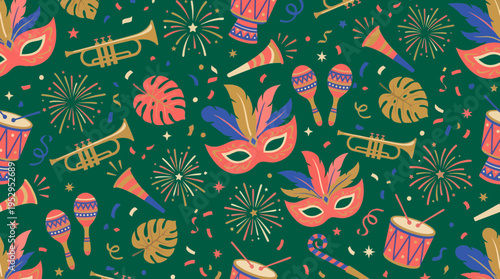 Seamless pattern featuring carnival masks, festive drums, trumpets and fireworks on green background, concept for holiday celebration, music festival branding and event party decoration
