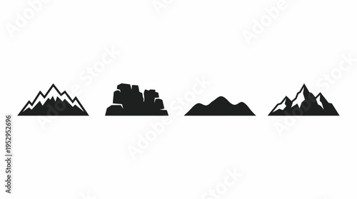 Set of black silhouette mountain shapes on white background, concept for outdoor adventure branding, travel agency logo design and nature landscape illustration