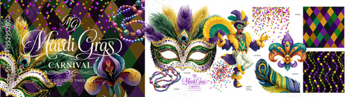Mardi Gras carnival set with masks, feathers, beads and confetti in vibrant purple, green and gold colors. Festive vector illustrations for parade posters, party designs and celebration graphics.