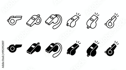 Set of black and white flat whistle icons in various angles and styles, concept for sports referee instruction, coach performance management and emergency safety alert communication