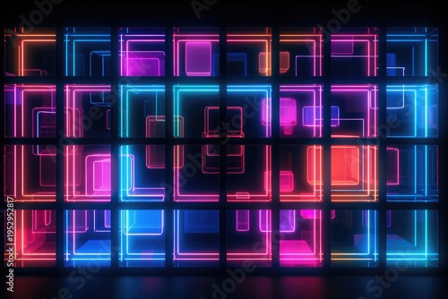 A wall of neon colored squares in a dark room. Suitable for modern interior design or abstract backgrounds