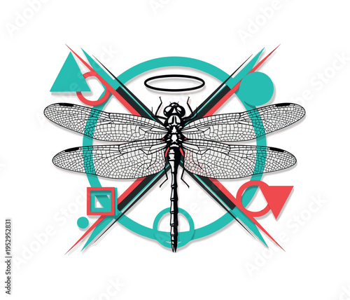 Black and white oversized dragonfly centered symmetrically, large halo circle intersected by sharp diagonal lines, vivid teal and red flat geometric elements