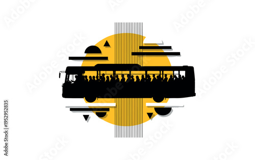 A monochrome bus filled with silhouetted passengers, combined with large yellow circular backdrop and thin vertical lines indicating movement and transition,