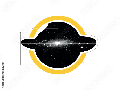 Black and white irregular galaxy cluster composed of scattered star fields, intersected by a bold yellow circular frame and subtle linear elements forming