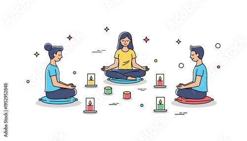 Evening meditation ritual with friends sitting in a circle with small cushions, soft candles, and calm expressions, conveying mindfulness and shared peace.