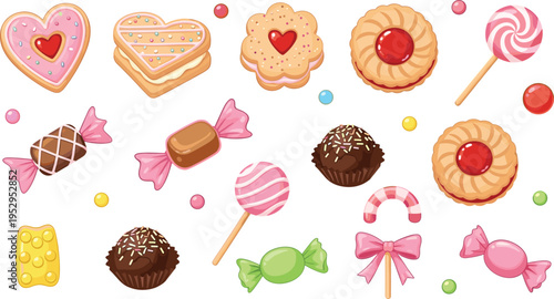Cute Candy and Cookie Dessert Collection with Heart Biscuits, Lollipops, Chocolate Truffles, Wrapped Sweets, and Cherry Cookies for Bakery Treat Vector Designs