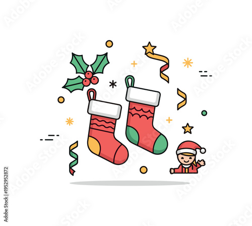 Children's stockings hanging with festive decorations like holly and ribbons nearby, highlighting Christmas celebration, warmth, and holiday spirit. Minimalist