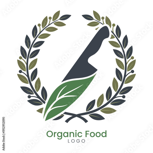 Organic food logo with green leaf and knife in circular wreath symbolizing freshness and nature