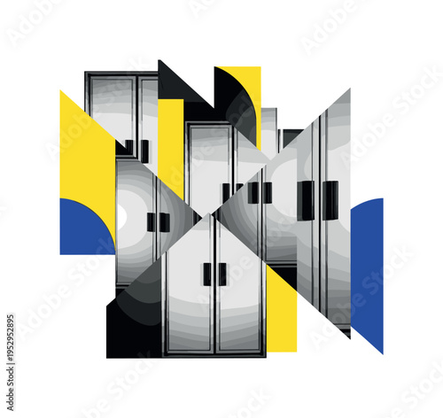 Black and white refrigerated section doors forming vertical panels, sharp angular shards and semicircles intersecting like reflections, bright yellow and