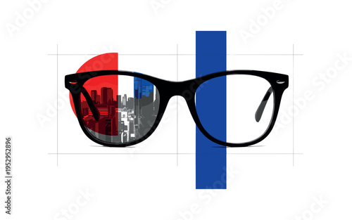 Black and white vintage sunglasses enlarged with sharp contrast, bold red semicircle tucked behind one lens, deep blue vertical stripe dividing reflection and