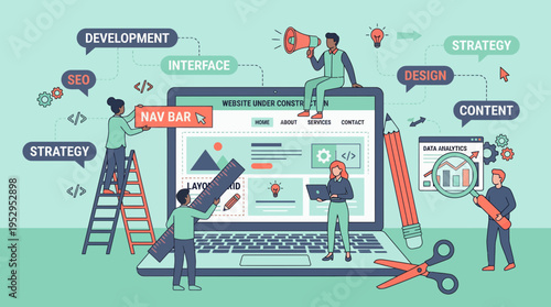 Flat illustration of software developers and web designers working on laptop construction, concept for digital transformation, business software development and web interface optimization