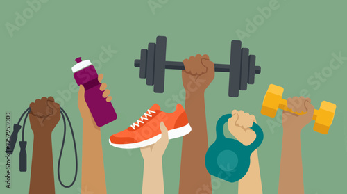 Diverse hands holding various sports equipment like dumbbell, kettlebell and running shoe, concept for fitness lifestyle promotion, gym membership advertising and health awareness campaign