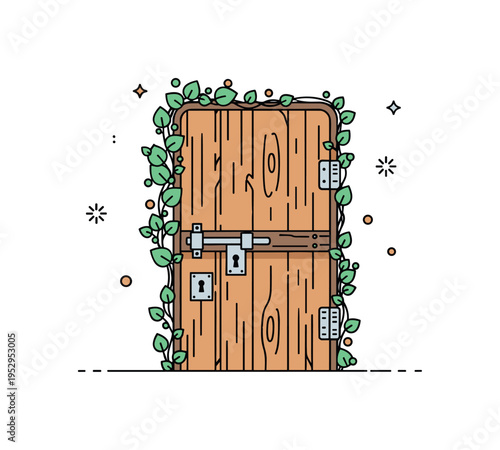 Old wooden door with rustic latch and keyhole, surrounded by climbing vines, evoking secrecy, story, and historic ambiance. Minimalist flat vector