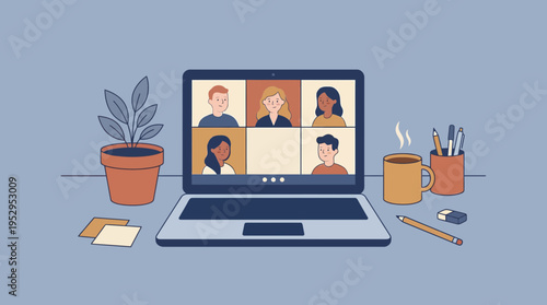 flat illustration of marketing managers on laptop screen during virtual meeting, concept for remote work communication, digital collaboration and business conference