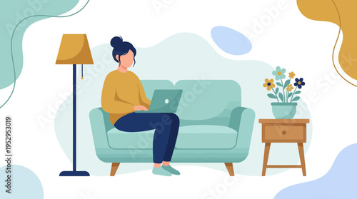 female software developer sitting on couch using laptop in cozy living room, concept for remote working, digital nomad lifestyle and freelance career