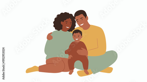 Happy multiethnic parents and little child sitting together on the floor, concept for family life advertisement, parenting blog illustration and social healthcare campaign