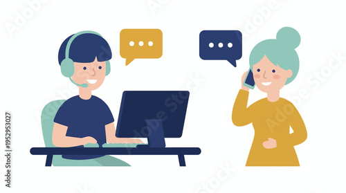 Male customer service representative working with computer and female client talking on phone, concept for business communication, professional technical support and remote customer service
