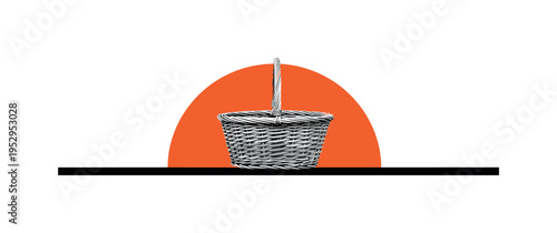 Monochrome rustic basket placed slightly off-center, bold orange half-circle behind like warm kitchen light, thin horizontal baseline grounding composition,