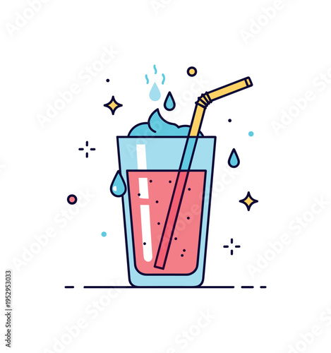 Refreshing smoothie break illustrated through a tall glass with a straw and subtle condensation drops, expressing coolness and midday refreshment. The clean