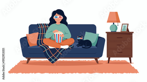 Young woman and black cat wearing 3d glasses eating popcorn on sofa, concept for home entertainment, weekend leisure and cinema night