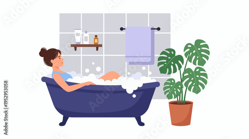 Woman entrepreneur relaxing in bathtub filled with foam in cozy bathroom, concept for wellness retreat, stress management and self care lifestyle