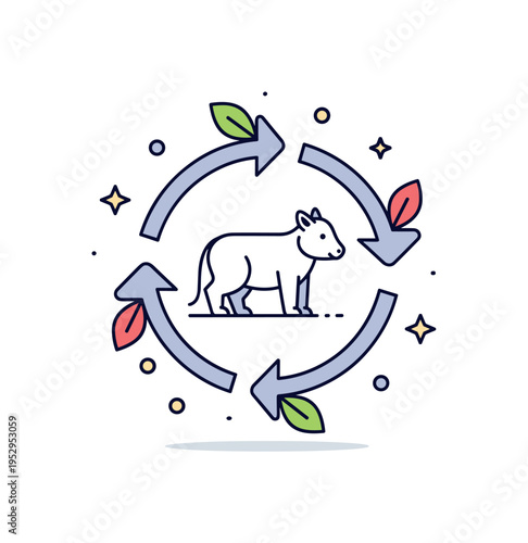 Returning native species concept featuring a simple animal silhouette inside a circular arrow loop with leaf accents, symbolizing cyclical balance and restored