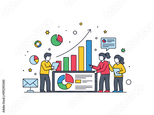 A small team of marketers analyzing colorful bar graphs and pie charts on a tablet, emphasizing insight generation, teamwork, and informed decision-making.