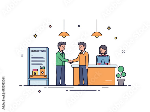 Community bank atmosphere small branch interior with friendly staff and customer exchanging handshake near service counter, expressing trust and