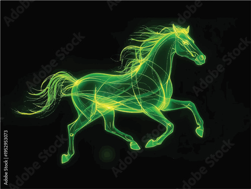 Green neon horse silhouette running on black, symbolizing speed, energy, and power, black background