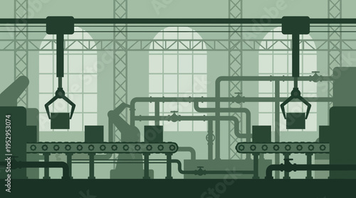 flat illustration of automated industrial manufacturing factory with robotic arms on conveyor belts, concept for industrial automation, smart production line and modern manufacturing engineering