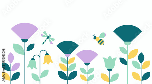 flat design illustration of colorful stylized flowers with flying dragonfly and bee, concept for garden decoration, nature environment banner and spring season greeting