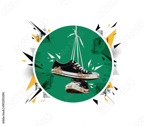Black and white worn sneakers hanging by their laces, mud marks stylized into abstract geometric textures, large circular backdrop anchoring composition,