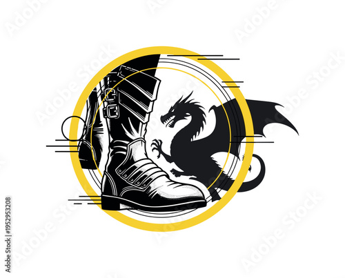 Black and white close-up of armored boots stepping forward toward dragon shadow, intersected by a bold yellow circular frame and subtle linear elements forming