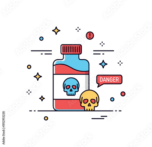 Toxic substances warning concept centered on a bold hazard bottle icon with a clear skull symbol, accompanied by subtle caution lines to express danger and