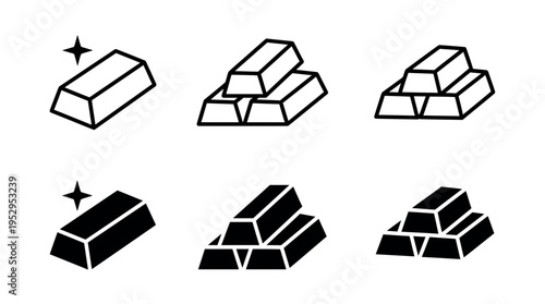 Set of gold bar icons in outline and solid style, concept for financial investment presentation, wealth management strategy and banking asset portfolio