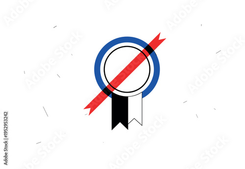 Black and white ribbon award seal with hanging tails, large blue circular halo amplifying the shape, red diagonal stripe adding dynamic emphasis,