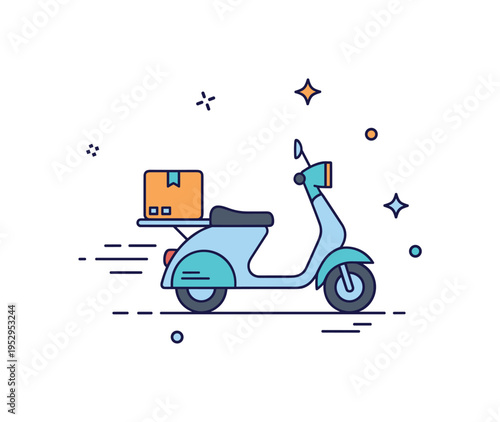 Delivery gig service concept featuring a small scooter icon with a delivery box and subtle motion lines suggesting speed. A concise editorial badge about