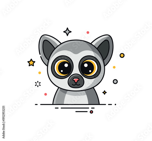 Baby lemur portrait concept centered on a small rounded body and oversized eyes, symbolizing tenderness and curiosity in wildlife illustration. The badge style