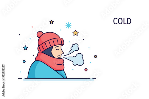 Cold with a person bundled in a thick scarf and hat, exhaling visible breath in frosty air, emphasizing winter chill and discomfort. Minimalist flat vector