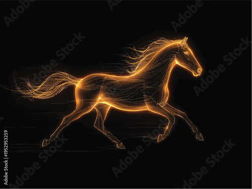Fiery orange glowing outline of a horse in a running pose on a black background, abstract digital art depicting speed and energy, dark background