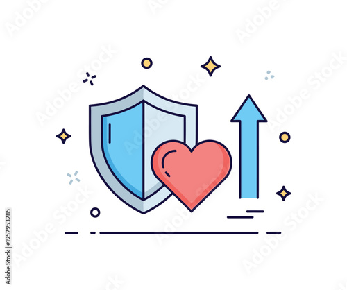 Personalized preventive care platform showing a shield icon combined with a heart and upward progress arrow. Subtle sparkle accents and balanced spacing