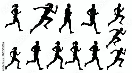 set of black silhouettes of men and women jogging in various running poses, concept for healthy lifestyle promotion, athletic training programs and marathon event marketing