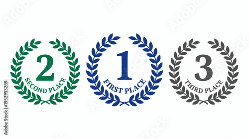 Set of colored first second and third place award wreaths with numbers on white background, concept for victory celebration, professional competition ranking and sporting achievement award