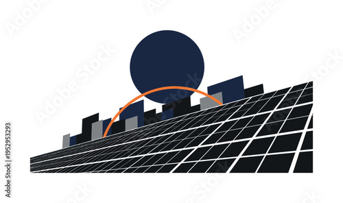 Black and white solar panel grid angled in perspective, oversized navy circle dominating upper composition like abstract sun, thin orange arc echoing the panel