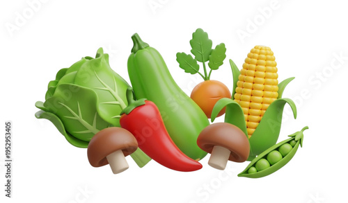 Colorful 3D Cartoon Vegetable Bundle Vector Illustration for Healthy Food Designs
