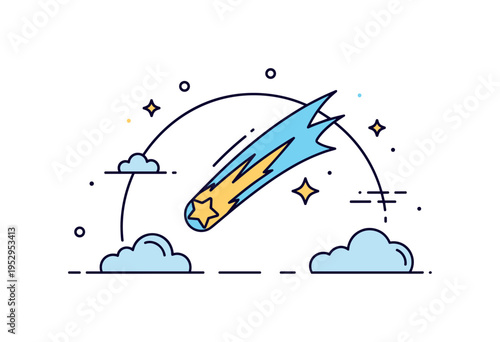 Shooting star wish built around a bright comet crossing a simple night sky arc, leaving a clean glowing trail and minimal cloud shapes below. The visual