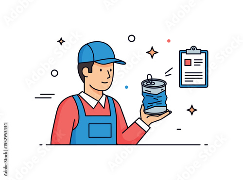 Warehouse quality check worker silhouette holding dented can with small clipboard icon nearby. A focused editorial badge about inspection procedures and supply