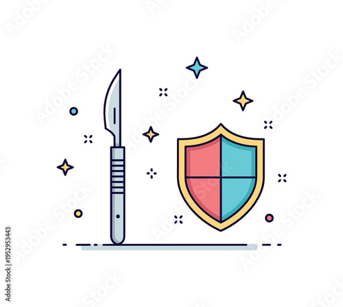 Surgical precision symbol illustrated by a simple scalpel and protective shield icon arranged symmetrically, expressing expertise and sterile procedure. The