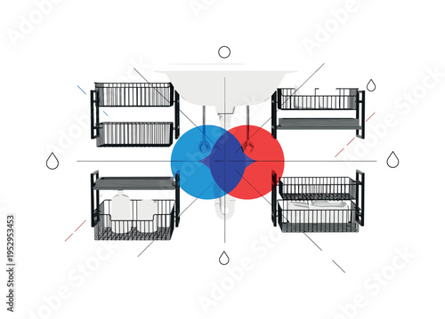 Monochrome under-sink organizer baskets arranged symmetrically around central plumbing, intersected by overlapping blue and red circles creating