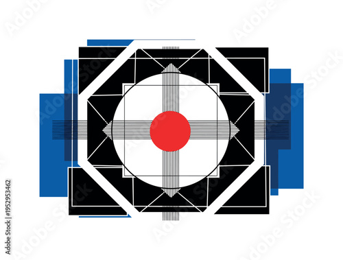 Black and white stylized rangoli pattern viewed from above, vivid red circle marking focal point at center, thin vertical and horizontal lines forming subtle